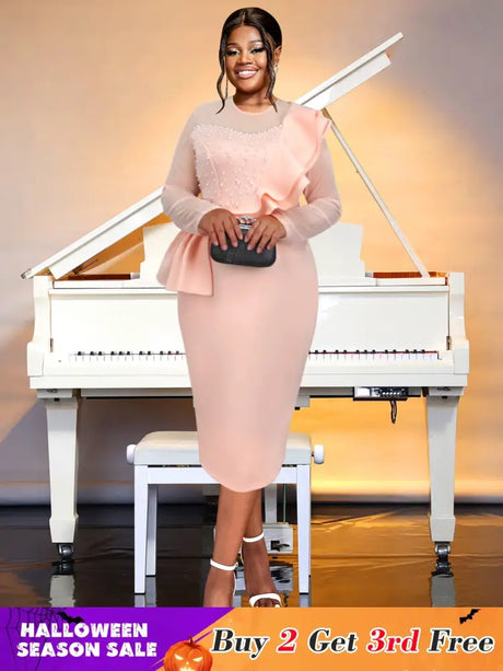 AOMEIDRESS Crew Neck Dress Sheer Long Sleeve Peplum Waist Midi Pink / S