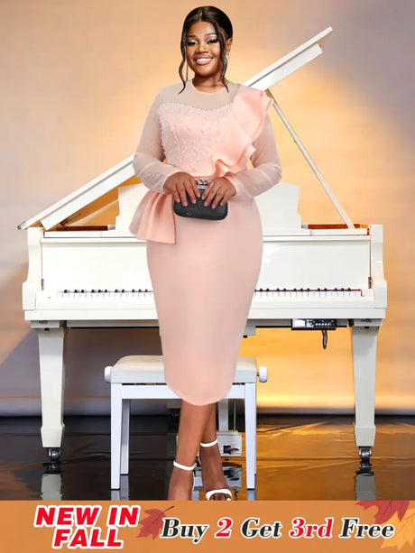 AOMEIDRESS Crew Neck Dress Sheer Long Sleeve Peplum Waist Midi Pink / S