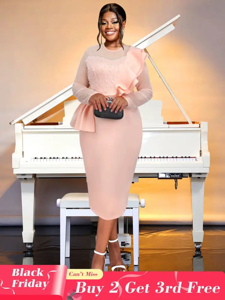 AOMEIDRESS Crew Neck Dress Sheer Long Sleeve Peplum Waist Midi Pink / S