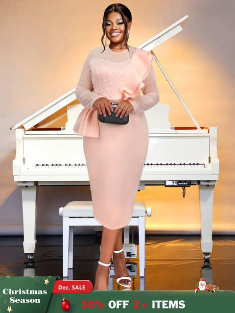 AOMEIDRESS Crew Neck Dress Sheer Long Sleeve Peplum Waist Midi Pink / S