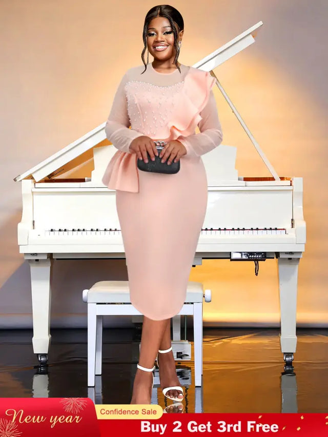 AOMEIDRESS Crew Neck Dress Sheer Long Sleeve Peplum Waist Midi Pink / S