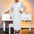 AOMEIDRESS Crew Neck Dress Sheer Long Sleeve Peplum Waist Midi White / S