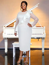 AOMEIDRESS Crew Neck Dress Sheer Long Sleeve Peplum Waist Midi White / S