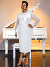 AOMEIDRESS Crew Neck Dress Sheer Long Sleeve Peplum Waist Midi White / S