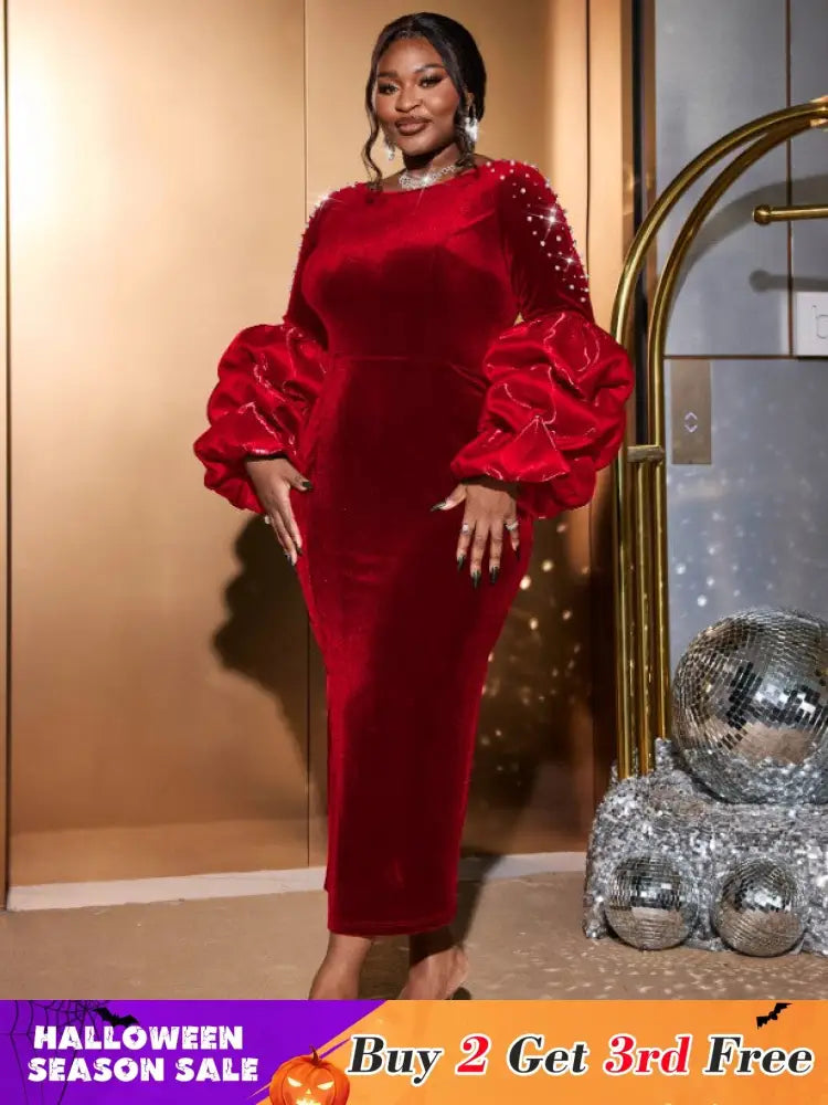 AOMEIDRESS Dark Green Velvet Dress O Neck Beading Long Lantern Sleeve Red / S