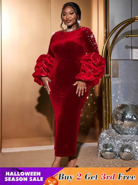 AOMEIDRESS Dark Green Velvet Dress O Neck Beading Long Lantern Sleeve Red / S