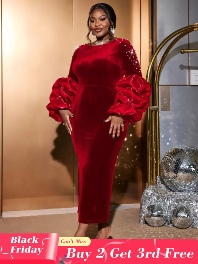 AOMEIDRESS Dark Green Velvet Dress O Neck Beading Long Lantern Sleeve Red / S