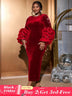 AOMEIDRESS Dark Green Velvet Dress O Neck Beading Long Lantern Sleeve Red / S
