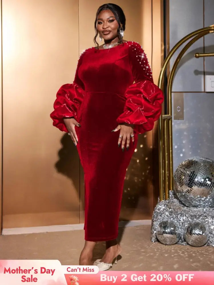 AOMEIDRESS Dark Green Velvet Dress O Neck Beading Long Lantern Sleeve Red / S