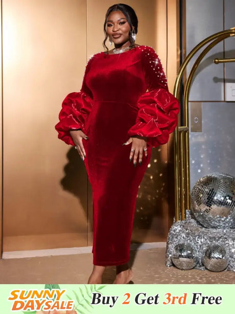 AOMEIDRESS Dark Green Velvet Dress O Neck Beading Long Lantern Sleeve Red / S