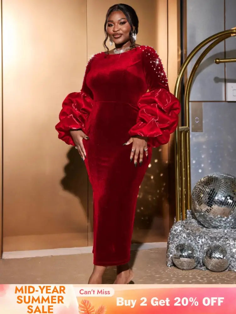 AOMEIDRESS Dark Green Velvet Dress O Neck Beading Long Lantern Sleeve Red / S