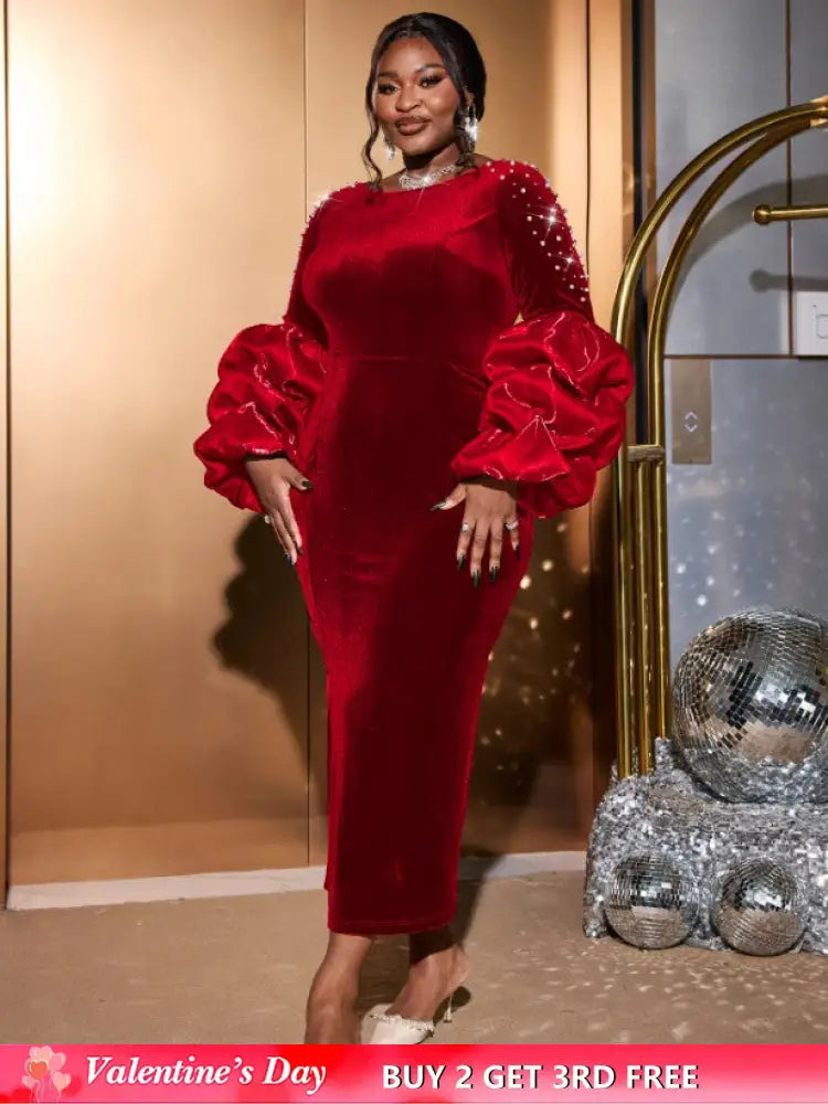 AOMEIDRESS Dark Green Velvet Dress O Neck Beading Long Lantern Sleeve Red / S