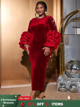 AOMEIDRESS Dark Green Velvet Dress O Neck Beading Long Lantern Sleeve Red / S