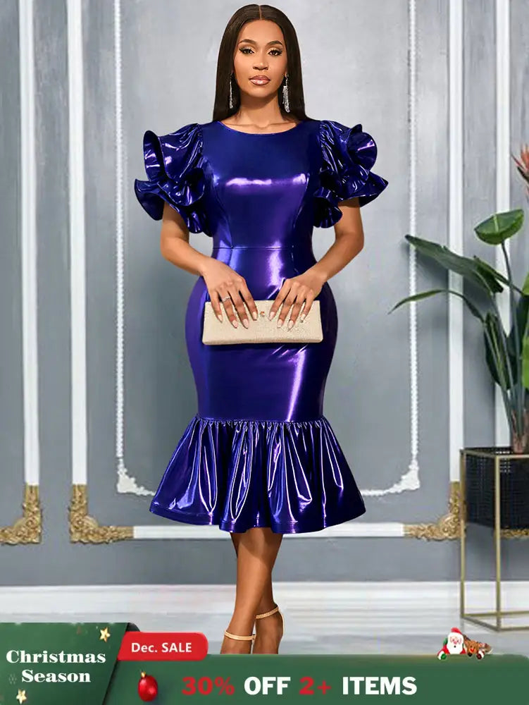 AOMEIDRESS DarkBlue Bodycon Mermaid Dress Ruffle Sleeve Party Gowns DarkBlue / S