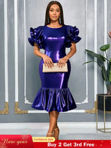 AOMEIDRESS DarkBlue Bodycon Mermaid Dress Ruffle Sleeve Party Gowns DarkBlue / S