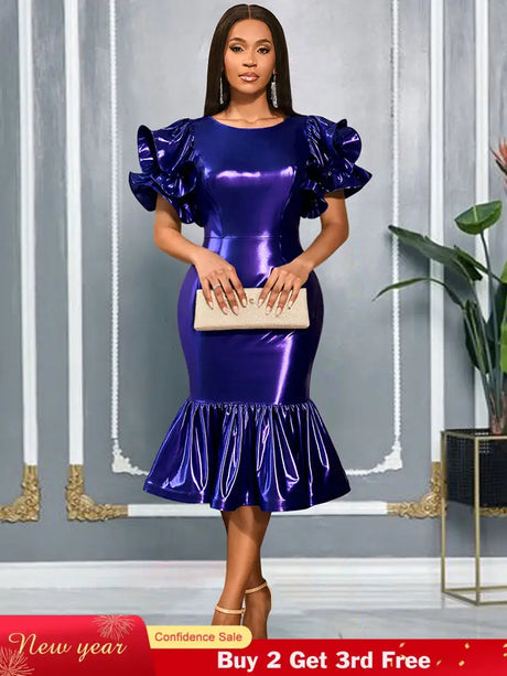 AOMEIDRESS DarkBlue Bodycon Mermaid Dress Ruffle Sleeve Party Gowns DarkBlue / S