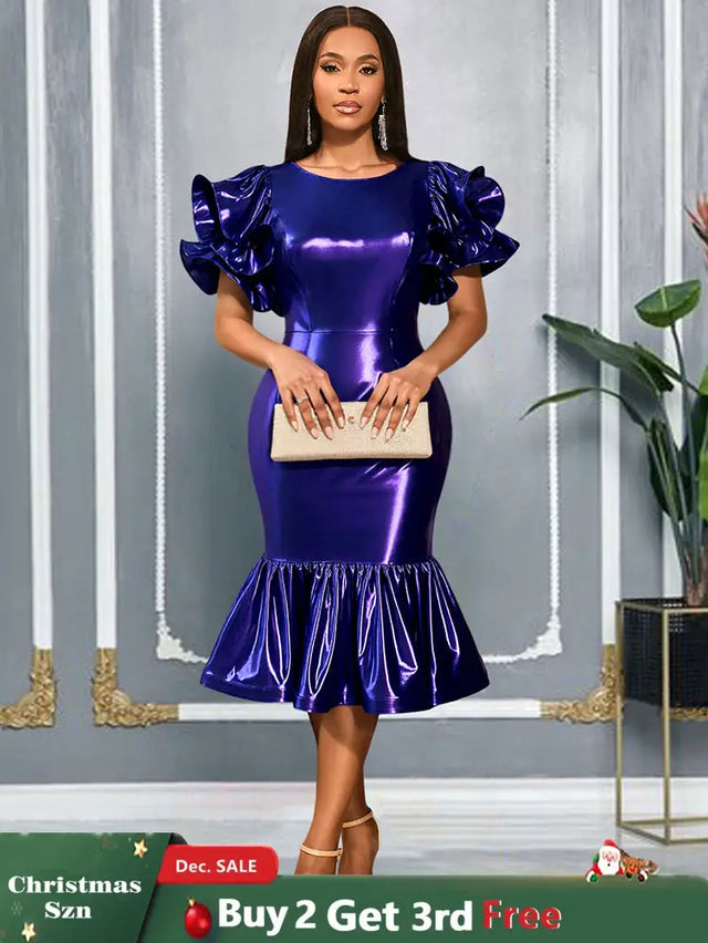 AOMEIDRESS DarkBlue Bodycon Mermaid Dress Ruffle Sleeve Party Gowns DarkBlue / S