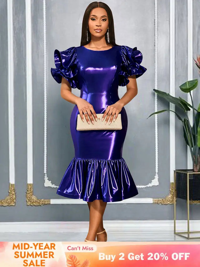 AOMEIDRESS DarkBlue Bodycon Mermaid Dress Ruffle Sleeve Party Gowns DarkBlue / S