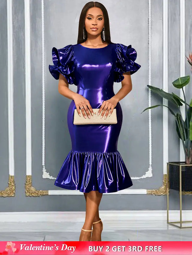 AOMEIDRESS DarkBlue Bodycon Mermaid Dress Ruffle Sleeve Party Gowns DarkBlue / S