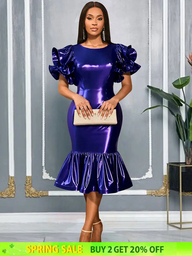 AOMEIDRESS DarkBlue Bodycon Mermaid Dress Ruffle Sleeve Party Gowns DarkBlue / S