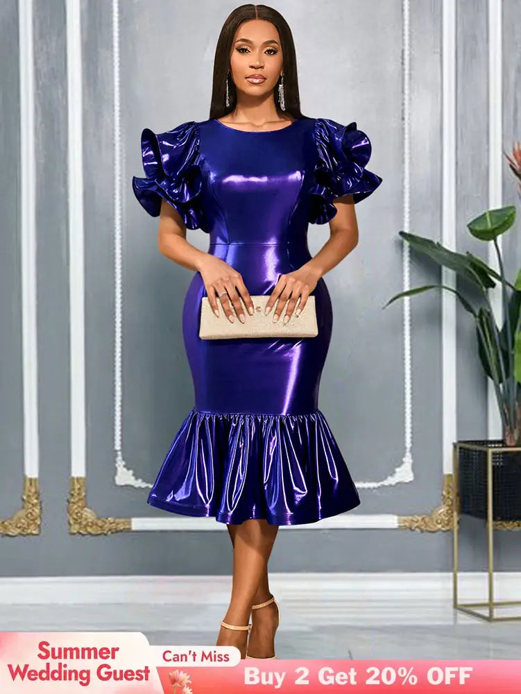 AOMEIDRESS DarkBlue Bodycon Mermaid Dress Ruffle Sleeve Party Gowns DarkBlue / S