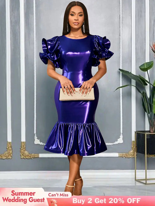 AOMEIDRESS DarkBlue Bodycon Mermaid Dress Ruffle Sleeve Party Gowns DarkBlue / S