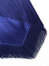 AOMEIDRESS DarkBlue Shiny Satin Fringe Dress Package Hip Mesh Sleeves