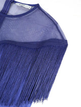 AOMEIDRESS DarkBlue Shiny Satin Fringe Dress Package Hip Mesh Sleeves