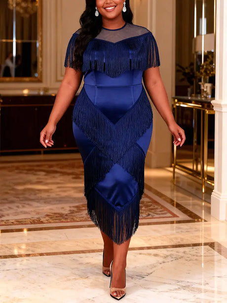 AOMEIDRESS DarkBlue Shiny Satin Fringe Dress Package Hip Mesh Sleeves