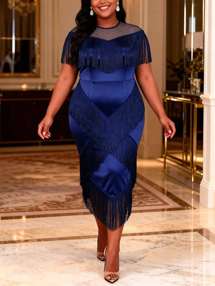 AOMEIDRESS DarkBlue Shiny Satin Fringe Dress Package Hip Mesh Sleeves