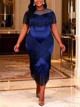 AOMEIDRESS DarkBlue Shiny Satin Fringe Dress Package Hip Mesh Sleeves