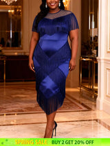 AOMEIDRESS DarkBlue Shiny Satin Fringe Dress Package Hip Mesh Sleeves DarkBlue / L