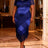 AOMEIDRESS DarkBlue Shiny Satin Fringe Dress Package Hip Mesh Sleeves DarkBlue / L