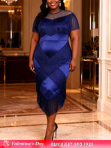 AOMEIDRESS DarkBlue Shiny Satin Fringe Dress Package Hip Mesh Sleeves DarkBlue / L