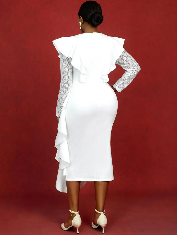Knit Lace Long Sleeve Ruffle Panel Dress for Wedding Guests

