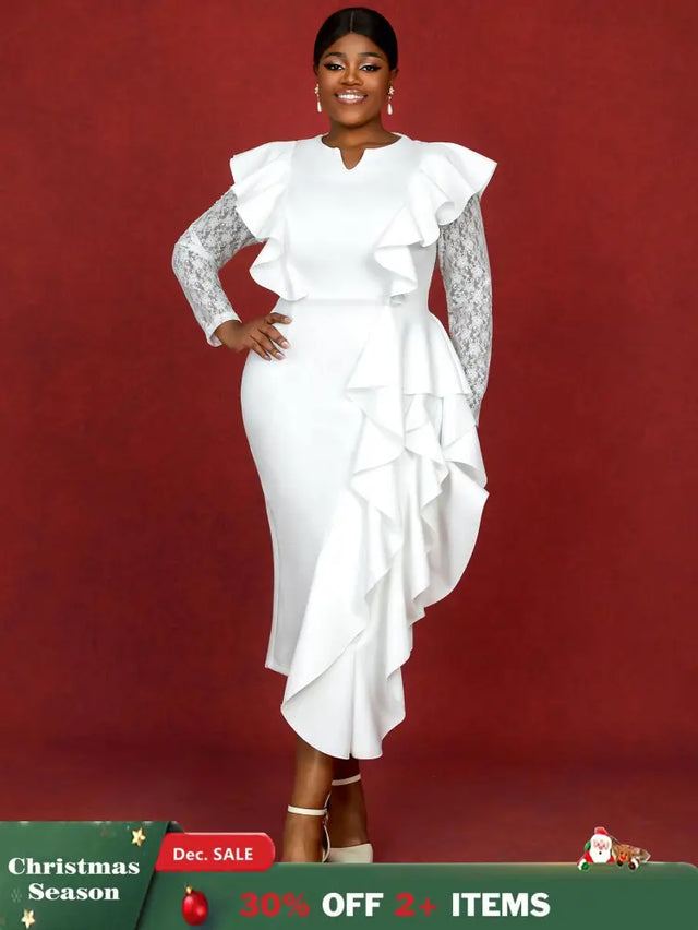 AOMEIDRESS Dress for Wedding Reception Long Sleeve Ruffle Trim Lace Knit Patchwork Gown
