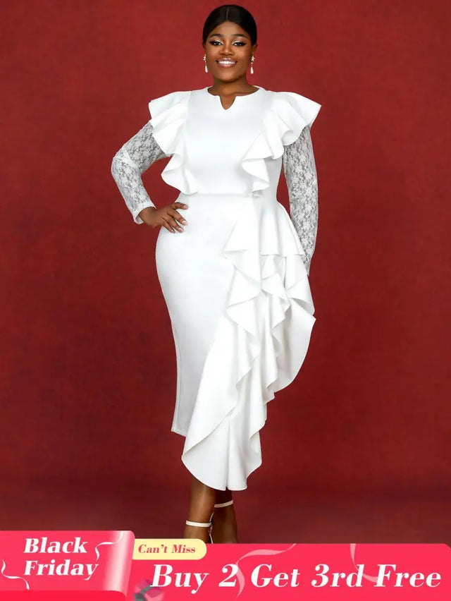 AOMEIDRESS Dress for Wedding Reception Long Sleeve Ruffle Trim Lace Knit Patchwork Gown
