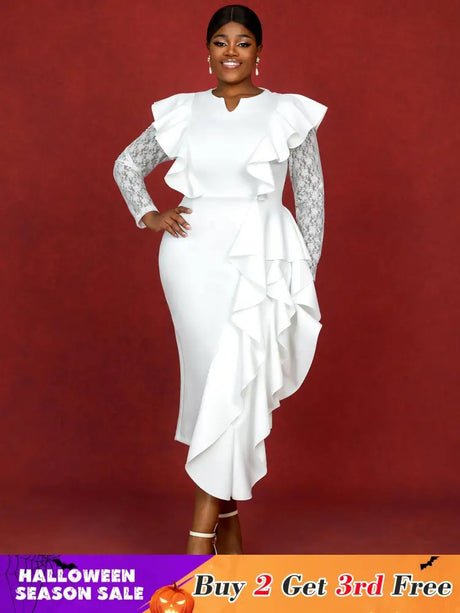 AOMEIDRESS Dress for Wedding Reception Long Sleeve Ruffle Trim Lace Knit Patchwork Gown
