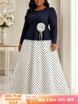 AOMEIDRESS Dress Set O Neck 3/4 Sleeve 3D Floral Top Pleated Skirt - Navy / L