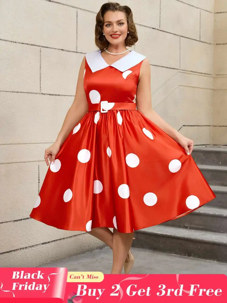 AOMEIDRESS Easter Dress Floral Lapel A Line 50s Swing Dress Red / S