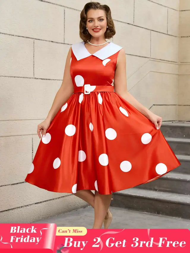 AOMEIDRESS Easter Dress Floral Lapel A Line 50s Swing Dress Red / S