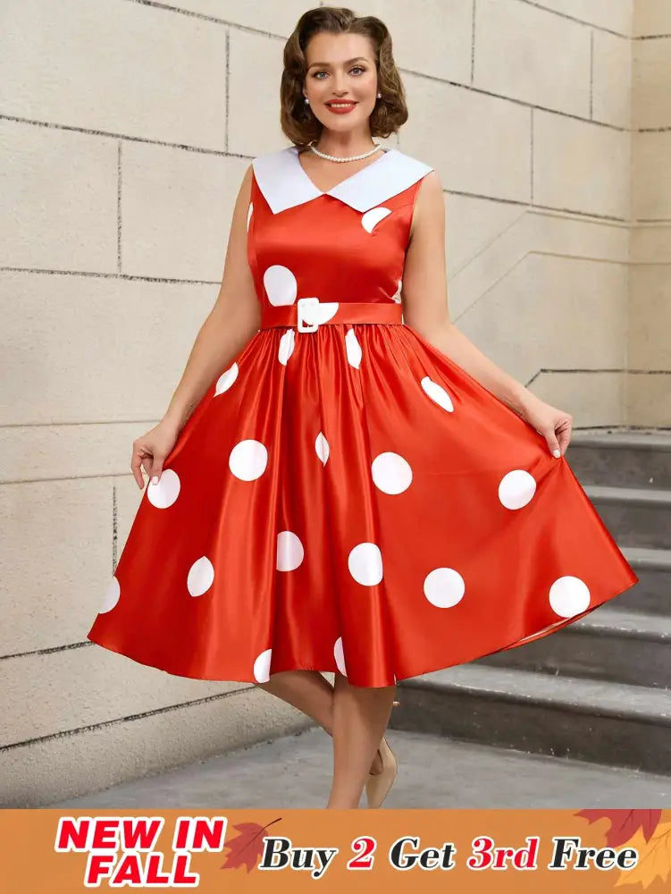 AOMEIDRESS Easter Dress Floral Lapel A Line 50s Swing Dress Red / S
