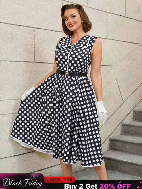 AOMEIDRESS Easter Dress Floral Polka Dot Sleeveless A Line Dress Black / S