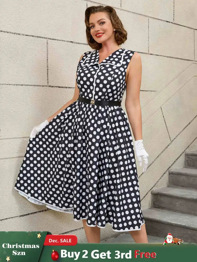 AOMEIDRESS Easter Dress Floral Polka Dot Sleeveless A Line Dress Black / S