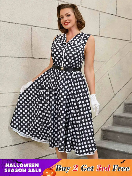 AOMEIDRESS Easter Dress Floral Polka Dot Sleeveless A Line Dress Black / S