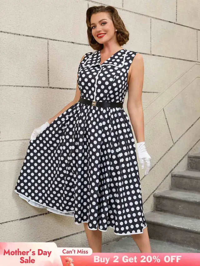 AOMEIDRESS Easter Dress Floral Polka Dot Sleeveless A Line Dress Black / S