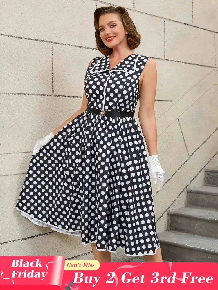 AOMEIDRESS Easter Dress Floral Polka Dot Sleeveless A Line Dress Black / S