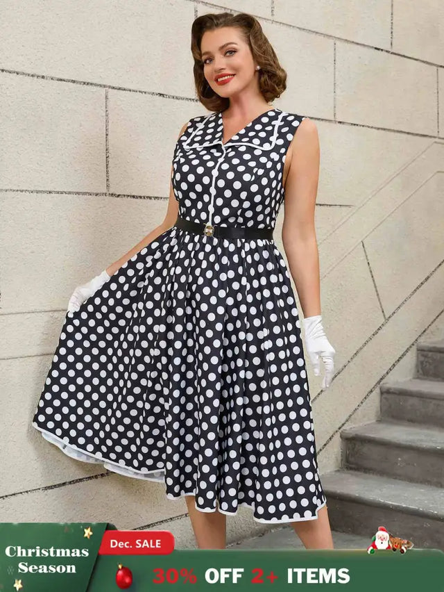 AOMEIDRESS Easter Dress Floral Polka Dot Sleeveless A Line Dress Black / S