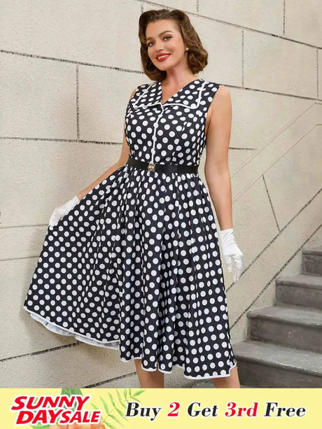 AOMEIDRESS Easter Dress Floral Polka Dot Sleeveless A Line Dress Black / S
