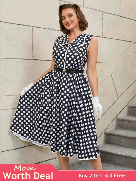 AOMEIDRESS Easter Dress Floral Polka Dot Sleeveless A Line Dress Black / S